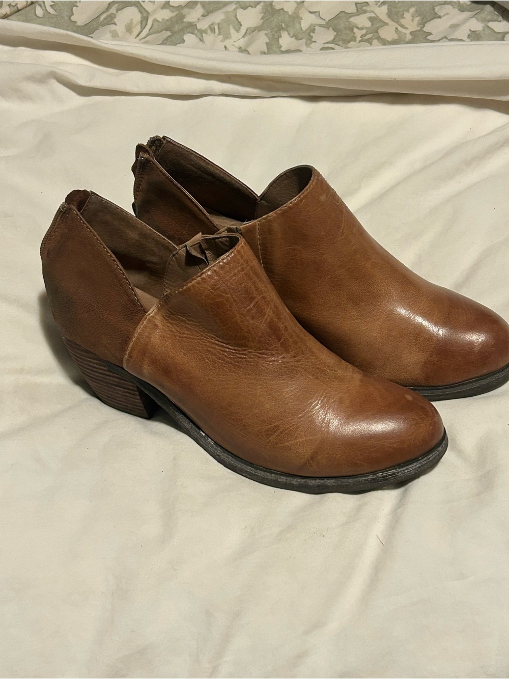 Antelope Tan Brown Leather Mule Booties with zipper back